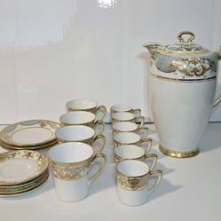 Noritake White Gold Ceramic Tea Pot Set Handpainted Antique Japanese Serveware