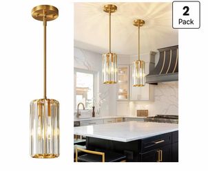 2-Pack Gold Crystal Glass Cylinder Pendant Lights, E26 Base, Height-Adjustable