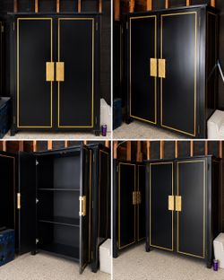 Vintage Black Lacquer Chinoiserie Armoire / Storage Cabinet with Gold Trim