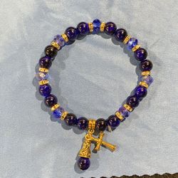 Purple Lapis Lazuli & Gold Rings Stretch Ladies Bracelet with Golden Cross