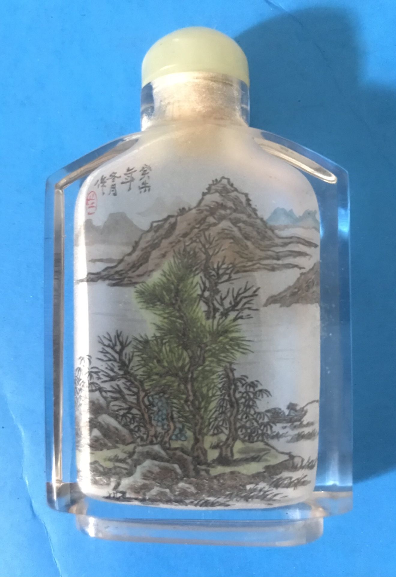 Excellent Chinese Reverse Inside Painted Landscape snuff Glass bottle,w/jade lid