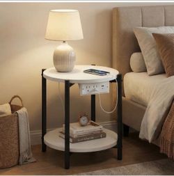 LIKIMIO two Round Side Table with Charging Station, 15.8-Inch End Table for Small Spaces, 2-Tier Industrial Nightstand with 77-Pound Load Capacity, Wh