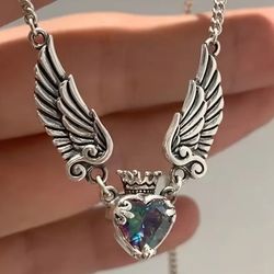 Unique Silver Tone Angel Wings Multi Colored Heart Necklace 