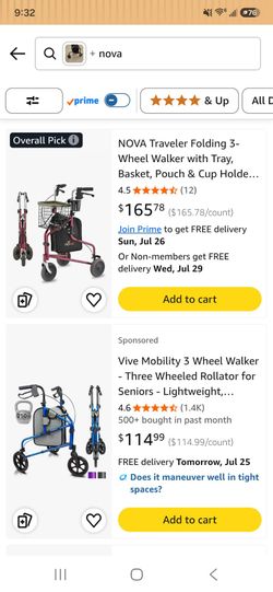 NOVA Traveler Folding 3-Wheel Walker with Tray, Basket, Pouch & Cup Holder, Lightweight Mobility Aid for Seniors & Adults, 8” All-Terrain Wheels for T
