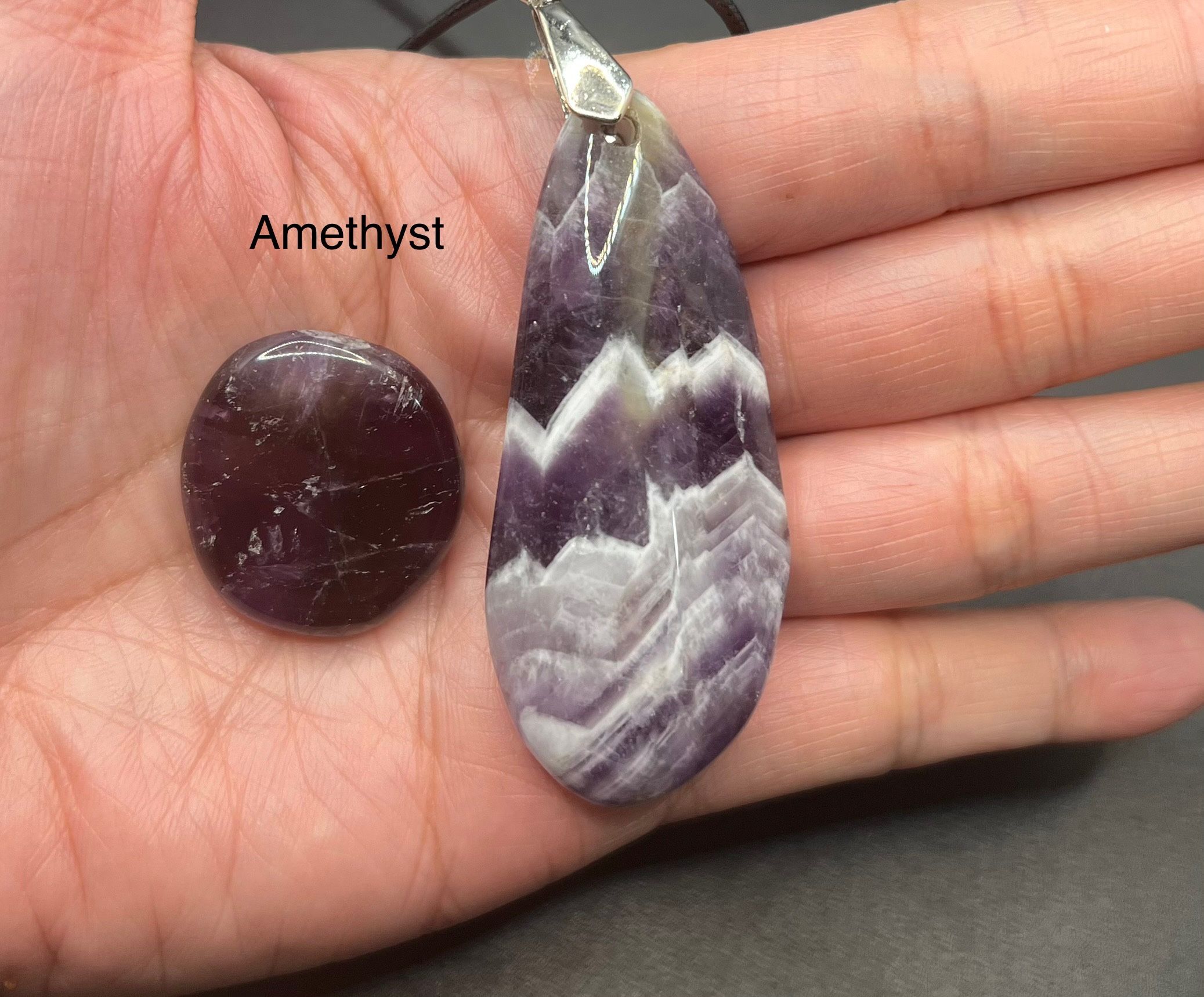 Chevron Amethyst Genuine Stone Pendant Necklace & Polished Stone Set