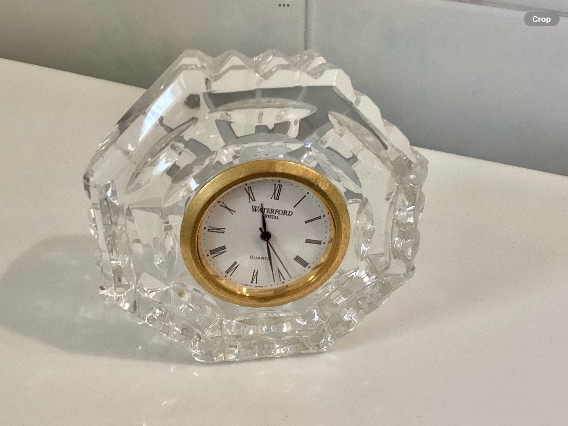 Preowned Waterford Crystal 2.75” Tall Desk Clock Quartz Movement Ireland