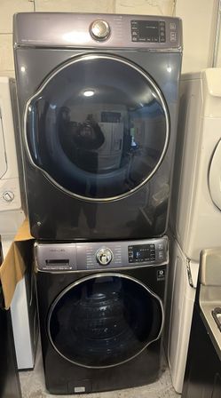 Samsung Front Load Washer & Dryer Set – Steam, Black Stainless, Stackable