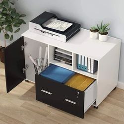 New Modern Mobile Filing Cabinet with Lock and Drawer, Black And White