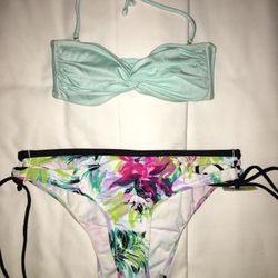 Victoria’s Secret SIZE XS Light Pearl Blue Braided Bandeau Top & Bar III SIZE M Floral Print Bikini Bottom 