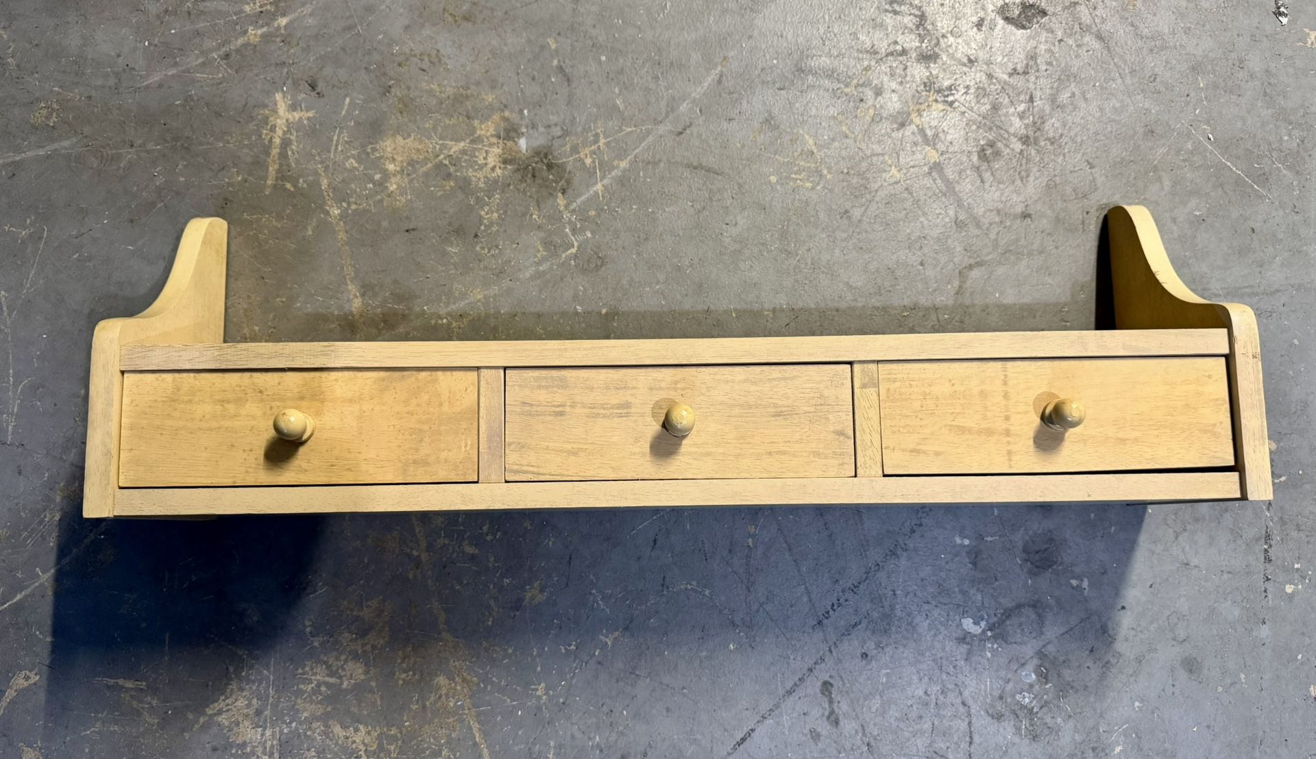 Large wooden hanging shelf with 3 drawers. 