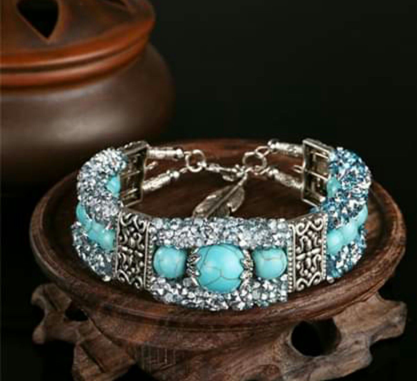 Vintage Bracelet with Turquoise Beads and Tibetan Silver Feather