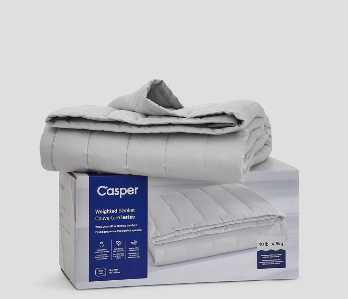 New in box Casper Weighted large Blanket, 20 lbs, Gray 50x70” Outer Fabric: 100% Cotton; Inner Fabric: 100% Polyester; Fill Inside is Glass Pallets