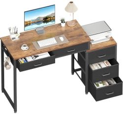 Computer Desk with 5 Drawers, 52 Inch Office Desk with Reversible Printer Shelf, Modern Desk with Storage, Study Writing Table for Home Office, Rustic