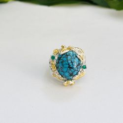 Natural Gemstone Spider Web Turquoise Ring Italian Style 