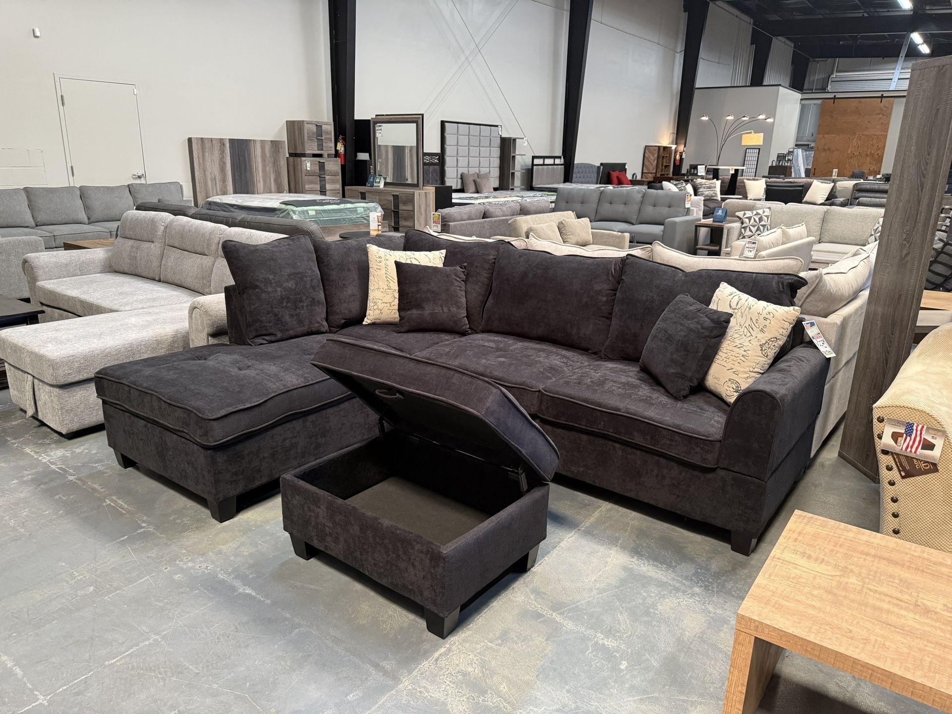 Sectional Black Fabric With FREE OTTOMAN