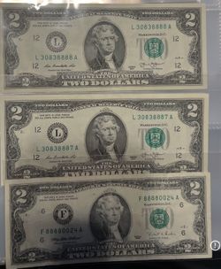 3 Rare serial numbers the two dollars bill 2013 and 1995