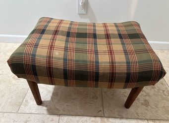 Upholstered Footstool with Plaid Fabric