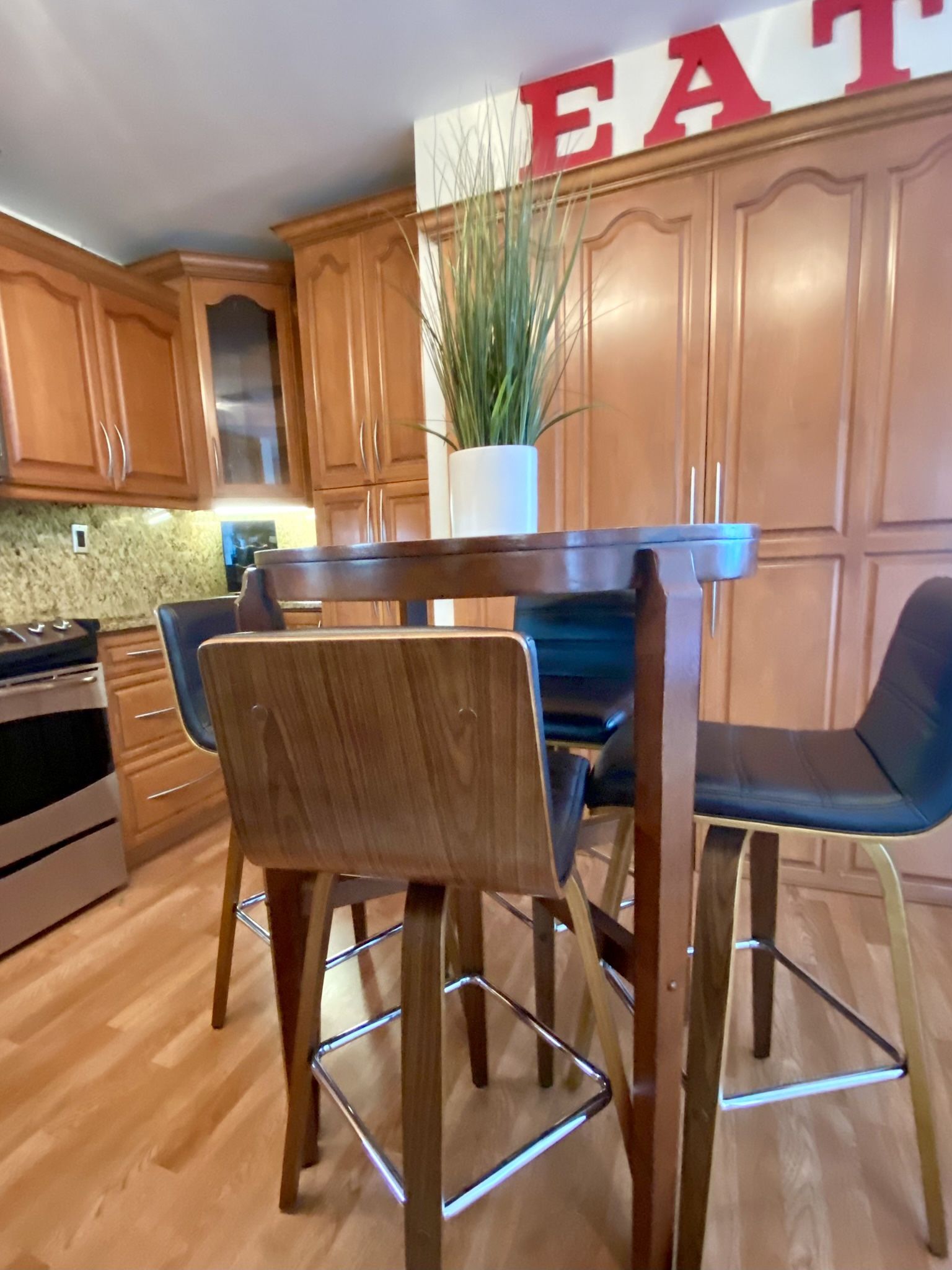 Dining Room Set: Four 30" Bar Height Stools And a High Top Wood Table