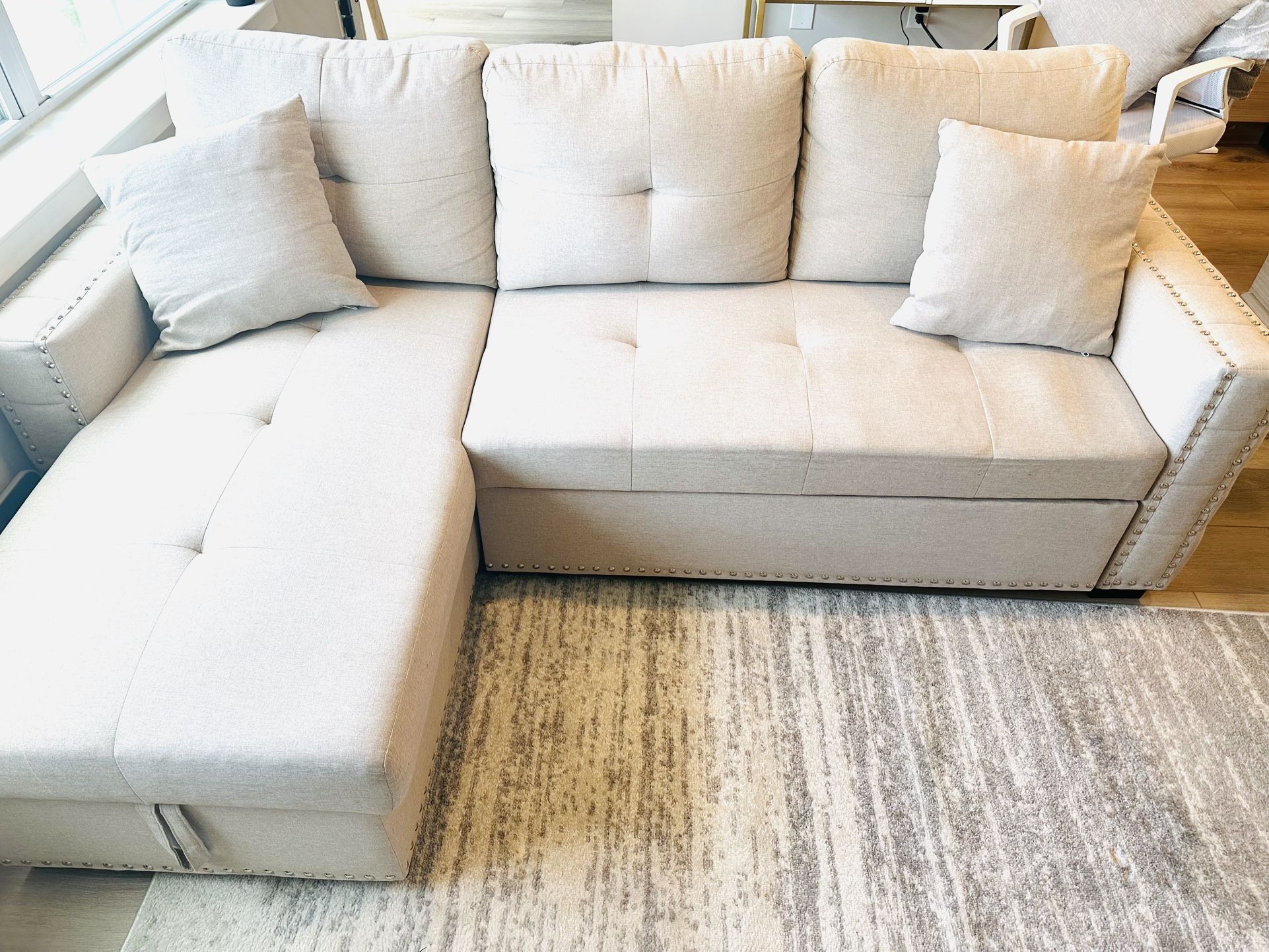 L-Shaped Polyester Linen Blend Fabric Sleeper Sofa Bed & Storage Chaise, Square Arms, Wide Reversible, for Living Room in