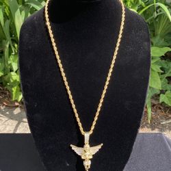 Gold Chain Rope Chain Necklace 24in 4mm And Icy Angel Pendant Set 
