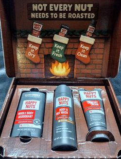 New Happy Nuts Jingle Balls Holiday Kit Original (Sandalwood Zest) Deodorant & Comfort Cream & (Big Wood Cedarwood Bergamot) Wash.