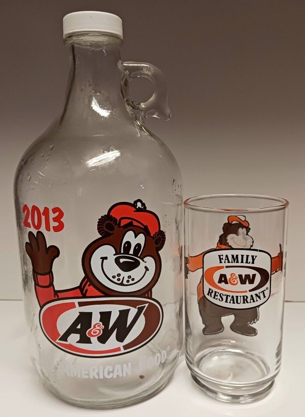 Vintage And Modern A&W Root Beer Family Restaurant Jug And Drinking Glass