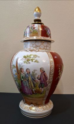 DRESDEN PORCELAIN LIDDED URN - 15" TALL - HAND-PAINTED AND GILDED