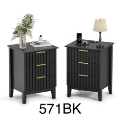 Fluted Nightstand Set of 2 with 3 Drawers, Black