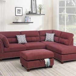 Brand New Reversible Red Velvet Like Sectional Sofa + Storage Ottoman