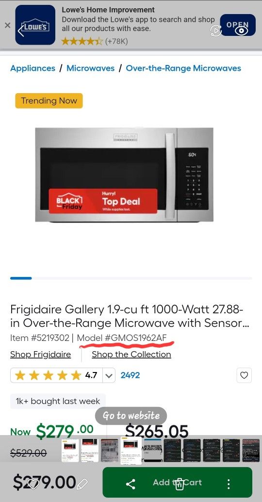Frigidaire Over The Range Microwave