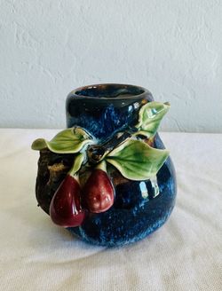 Vintage Chinese Shiwan Pottery Vase Porcelain Glaze Hand Carved Fruit STAMPED