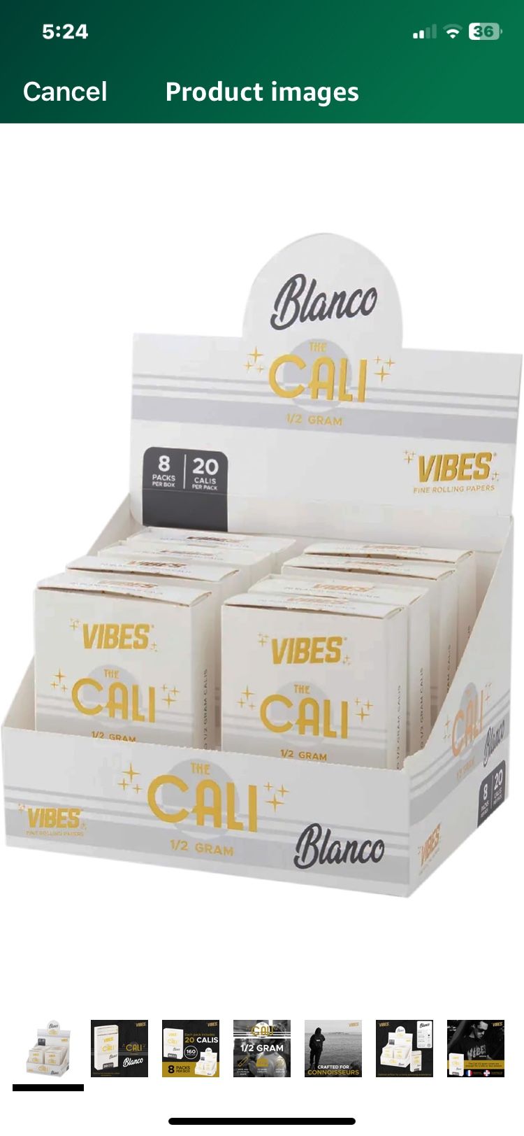 NEW DISPLAY BOX W 8 BOXES OF 20 VIBES CALI RICE PAPER PRE ROLLS