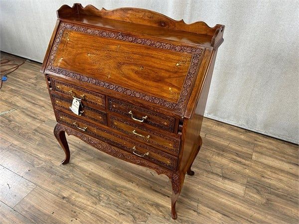Antique Rosewood Carved & Inlayed Secretary Desk