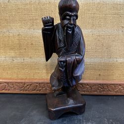 Chinese Antique Longan Wood Hand Carved Fisherman Statue 12”