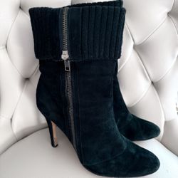 Y2K Boutique 9 Black Suede High Heel Ankle Boots w/ Ribbed Knit Cuff Rare Unique