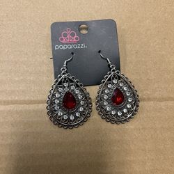 Paparazzi Silver & Red Teardrop Rhinestone Statement Earrings