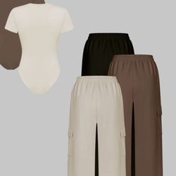 Women's Knit Letter Print Two-Piece Set, Casual Fitted Short Sleeve Jumpsuit & Long Pants