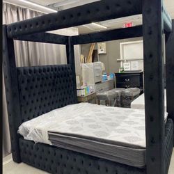 New Queen Size Black Canopy Bed With Promotional Mattress Including Free Delivery
