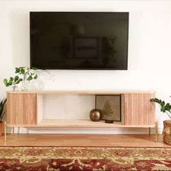 Mid-century Modern Style Low Rise Wood Credenza with Metal Legs and Tambour Sliding Panels