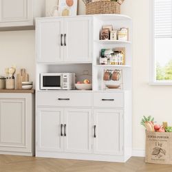 New -67" Kitchen Pantry with Microwave Stand, Freestanding Kitchen Cupboard with 5 Doors, 2 Drawers and 3 Side Shelf, Hutch Cabinet for Dining Room, W