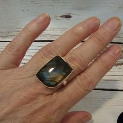 Large Natural Labidorite and Sterling Silver Ring