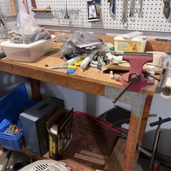 Wooden Work Bench With Tools And Shelves