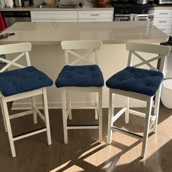 Set of 3 White Bar Stools with Navy Cushions - $150