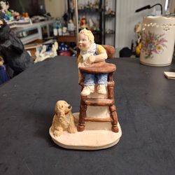 Whimsical United Design Cast Resin Figurine "Supper Time" Boy In His High Chair Sharing His Food With His Dog, Hand-painted 6"H X 4"W