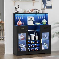 Coffee Bar Cabinet with Mini Fridge Space,Wine Bar Cabinets with Power Outlet&Led Lights,  Home Liquor Cabinets with Glass Holder&Wine Rack, Modern Bu