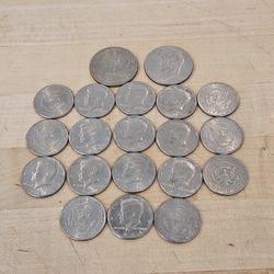 18 Kenedy Fifty Cents Coins, And 2 Bicentennials Dollars Coins Collectibles,  From Last Century 