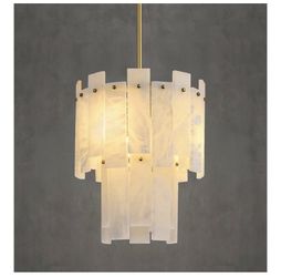 PIOUTNF Alabaster Round Chandelier, 2-Tier Spanish Alabaster Chandeliers, Warm White, 13" Modern