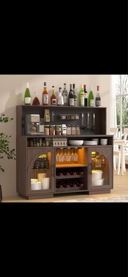 SOLACE FURNITURE 54" Wide Kitchen Hutch Cabinet w/Wine Rack for Kitchen Dining Room Brown