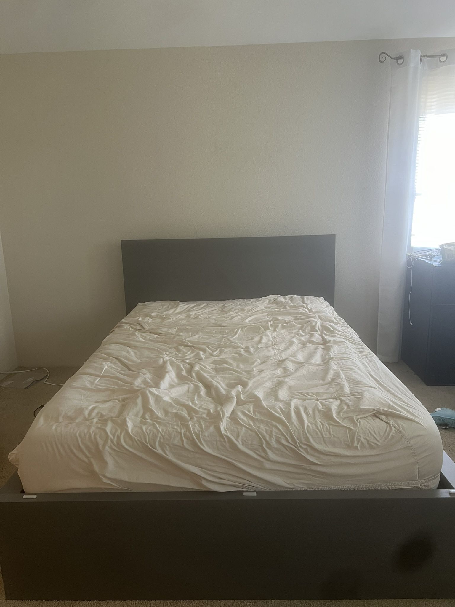 Gray IKEA Malm Bed Frame, Full Mattress, and Bed Slats