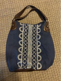 Loft 14” navy/dark brown and matte silver-embellished handbag